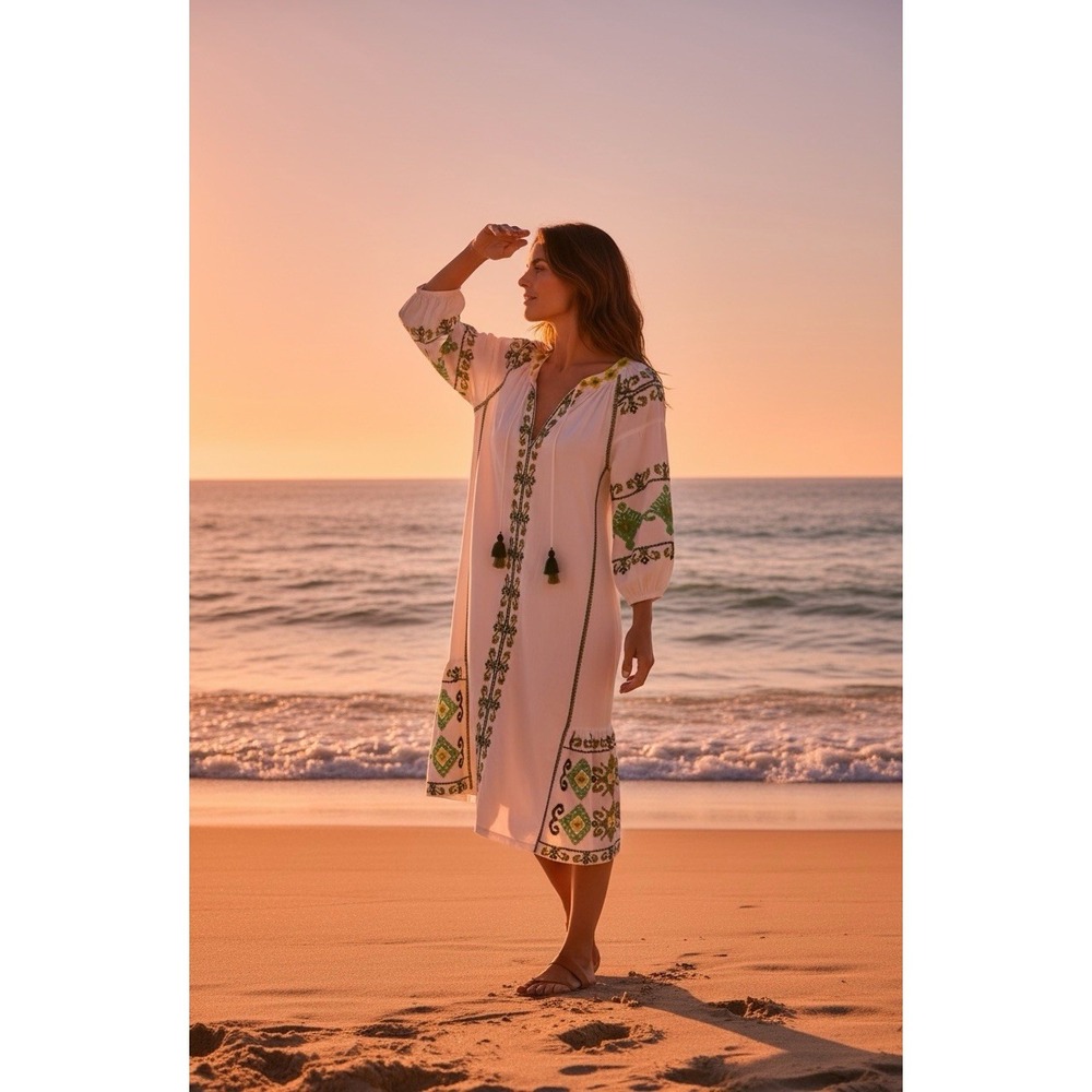 Rose And Rose Size Small Amersham White & Green MIDI Boho Embriodered Dress - Picture 2 of 12